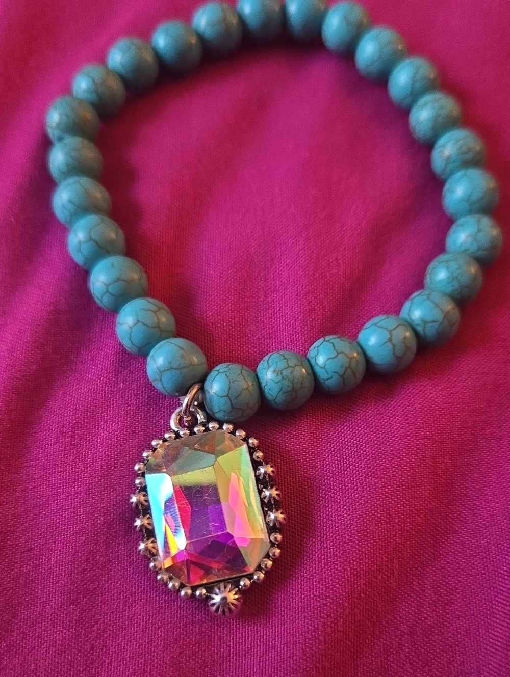 Western Turquoise Beaded Bracelet with Iridescent AB Pendant - Crystal